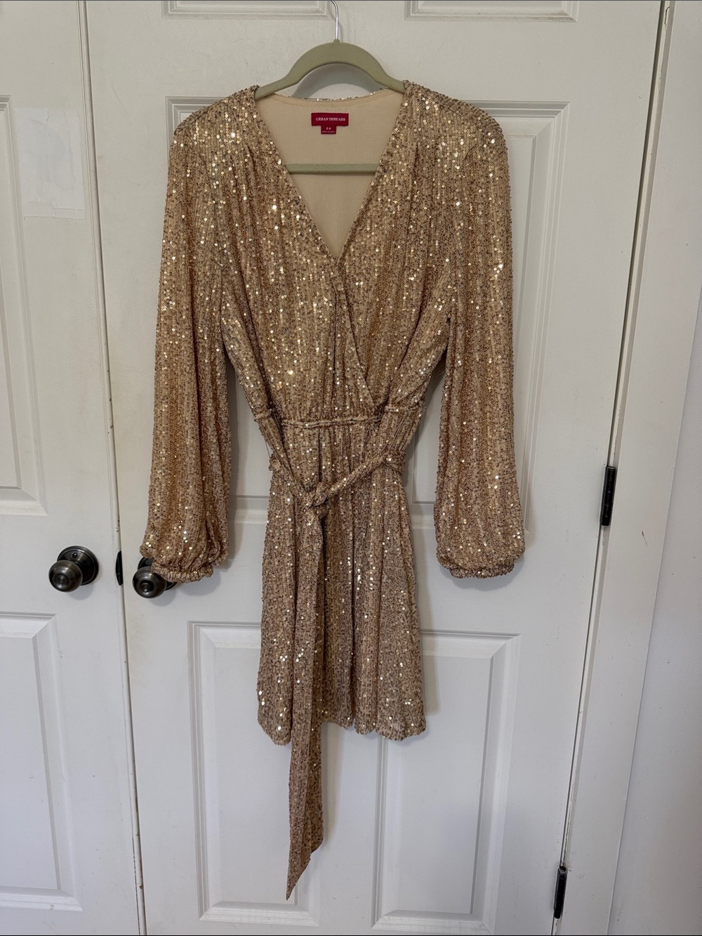 Urban threads Sequined Long Sleeve Wrap Dress size 14 gold belted